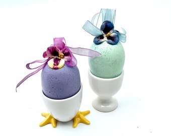 Vintage Chicken Feet Egg Cup Duo with Hand-Painted Easter Eggs