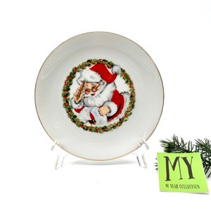 Vintage Christmas Plate Jolly Santa Fine Porcelain Decorative Plate 22K Gold Trim Plate JASCO Japan Christmas Wall Decor My40YearCollection