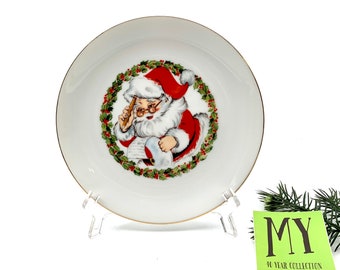 Vintage JASCO Christmas Plate: Jolly Santa, 22K Gold Trim
