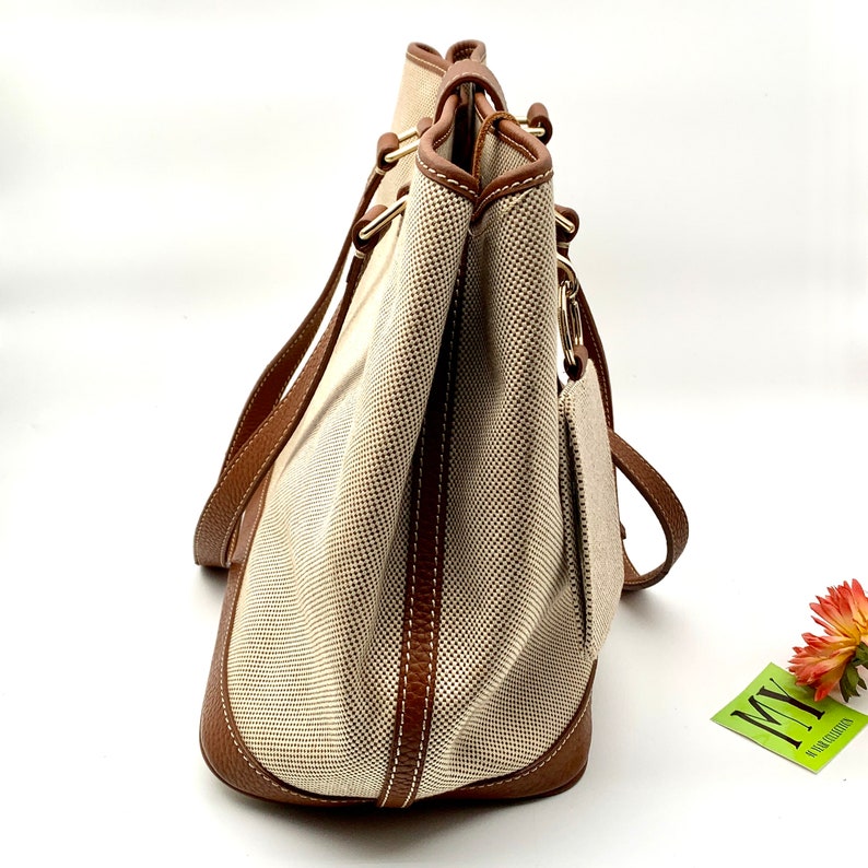2000s Dooney & Bourke Cream Canvas Bag with Red Leather Trim