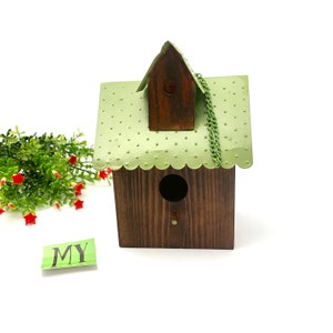 Adorable Rustic Wooden Birdhouse with Green Metal Tin Roof Chickadee Decorative Birdhouse Garden Decor My40YearCollection
