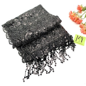 Vintage Elegant Fringe Lace Stole Black Mesh Crochet Sequins Tassel Formal Wrap Evening Shawl Gift for Her My40YearCollection