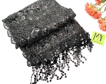Vintage Elegant Fringe Lace Stole Black Mesh Crochet Sequins Tassel Formal Wrap Evening Shawl Gift for Her My40YearCollection