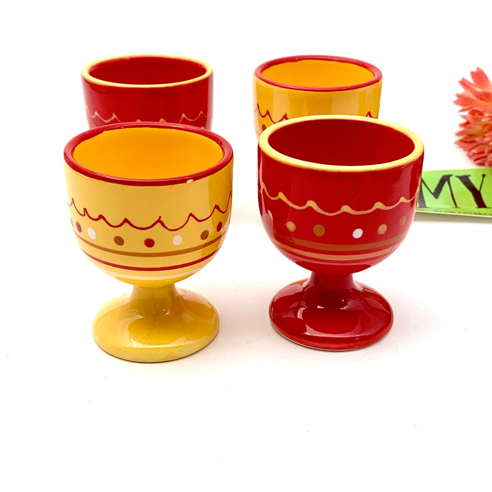 Vintage Set of Four Egg Cup Holders Bright Festive Red and Etsy