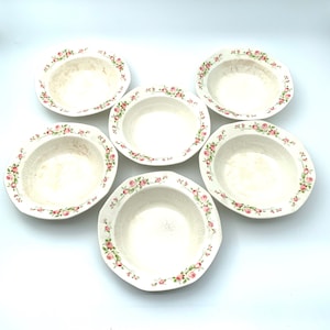 Set of Six Antique Pink Rose Fine China Ice Cream Bowls / Cereal Bowls Smooth Octagon Shape Embossed inner edge Shabby Chic Decor