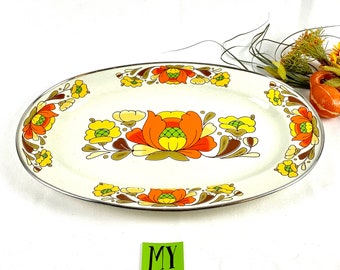 Large Vintage Enamel Sanko Ware Japan Country Flowers Turkey Platter Bright Orange Yellow Brown on Beige Thanksgiving My40YearCollection