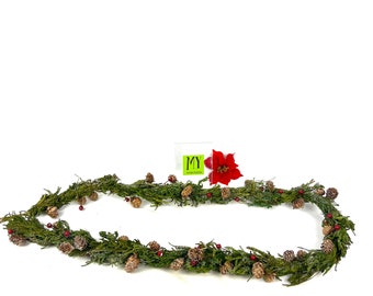 Vintage Christmas Garland: Faux Pine, Mini Pinecones & Red Holly