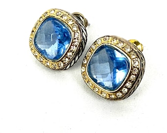 Vintage BSK Blue Glass Stud Earrings – Rhinestone Halo, Rope Edge