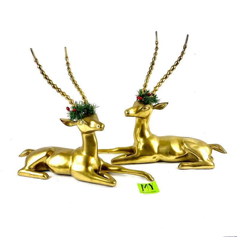 Vintage Pair of Solid Brass Resting Deer Statues Christmas Etsy