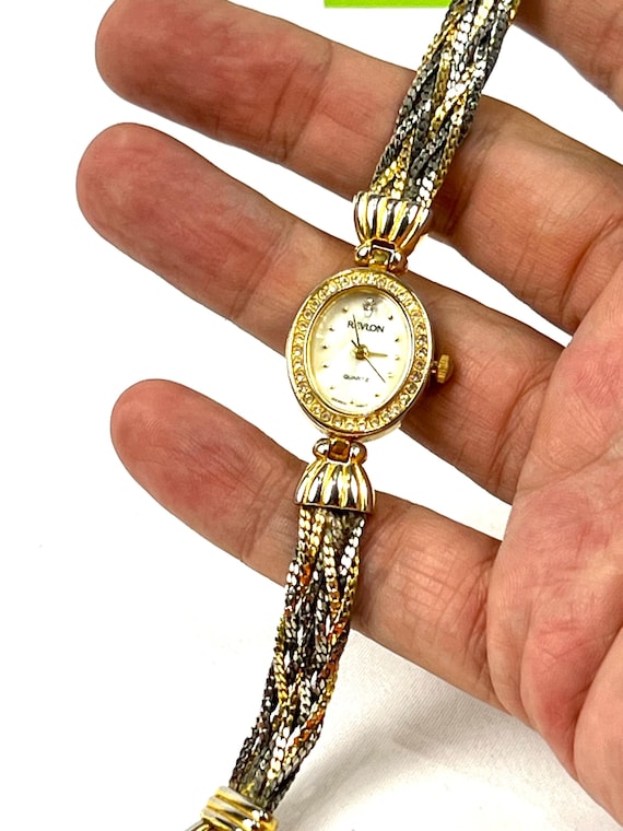 Vintage Revlon Crystal Watch – Gold Tone Braided Band, Japan 
