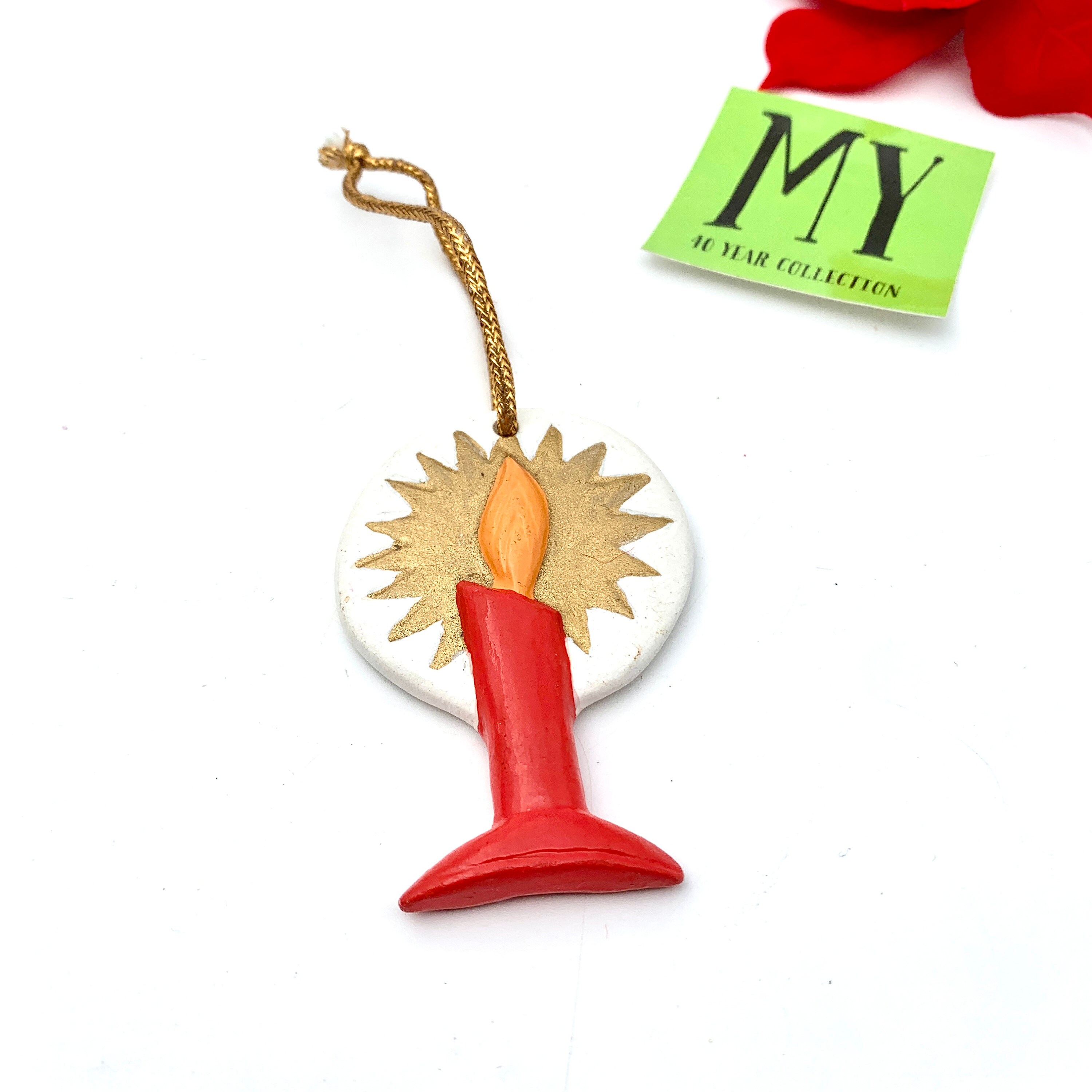 Vintage Ceramic Candle Christmas Ornament: Red, Orange & Gold