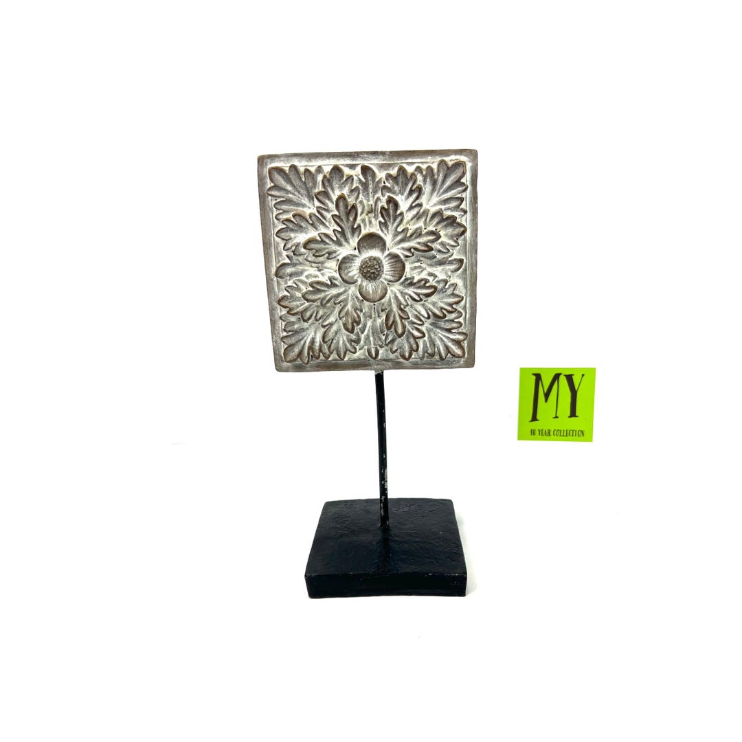 Vintage Square Floral Embossed Tile Plaque on Metal Stake - Black ...