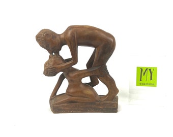 Vintage Hand Carved Wood Sculpture: Kissing Lovers Signed F. Docta