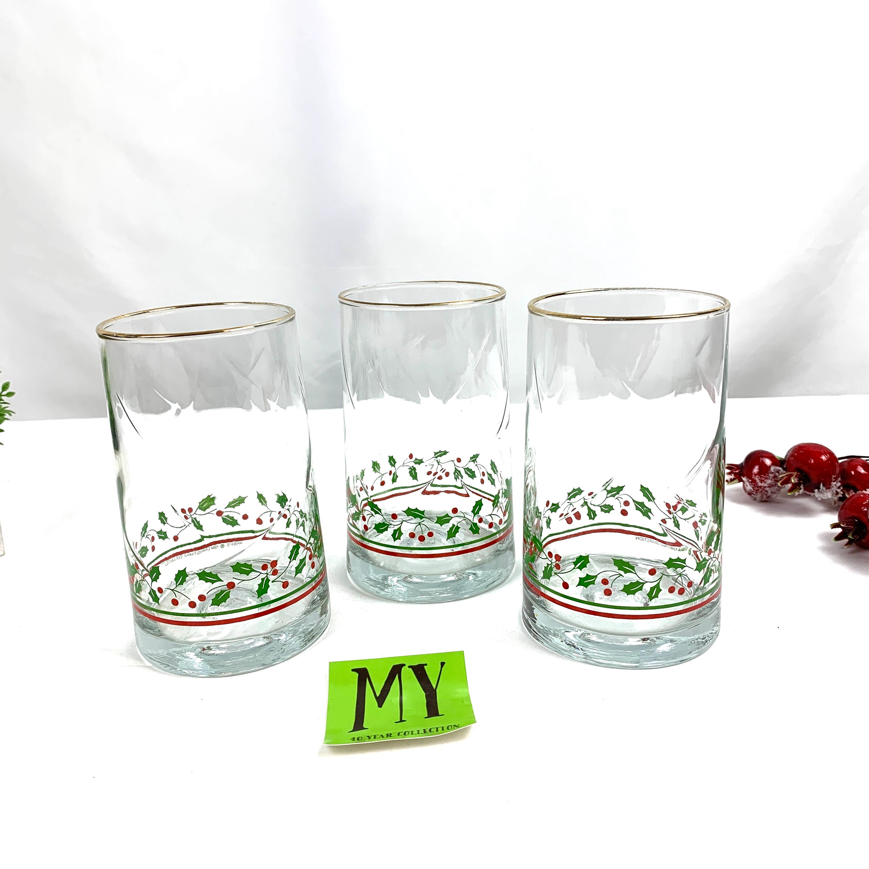 Libbey Holly & Berries Set of 12 Tall Coolers Tumblers Christmas