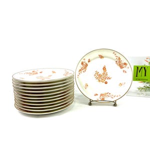May include: A stack of 12 white ceramic plates with a gold rim and a floral design in shades of orange and brown. The plates are stacked on a white surface.