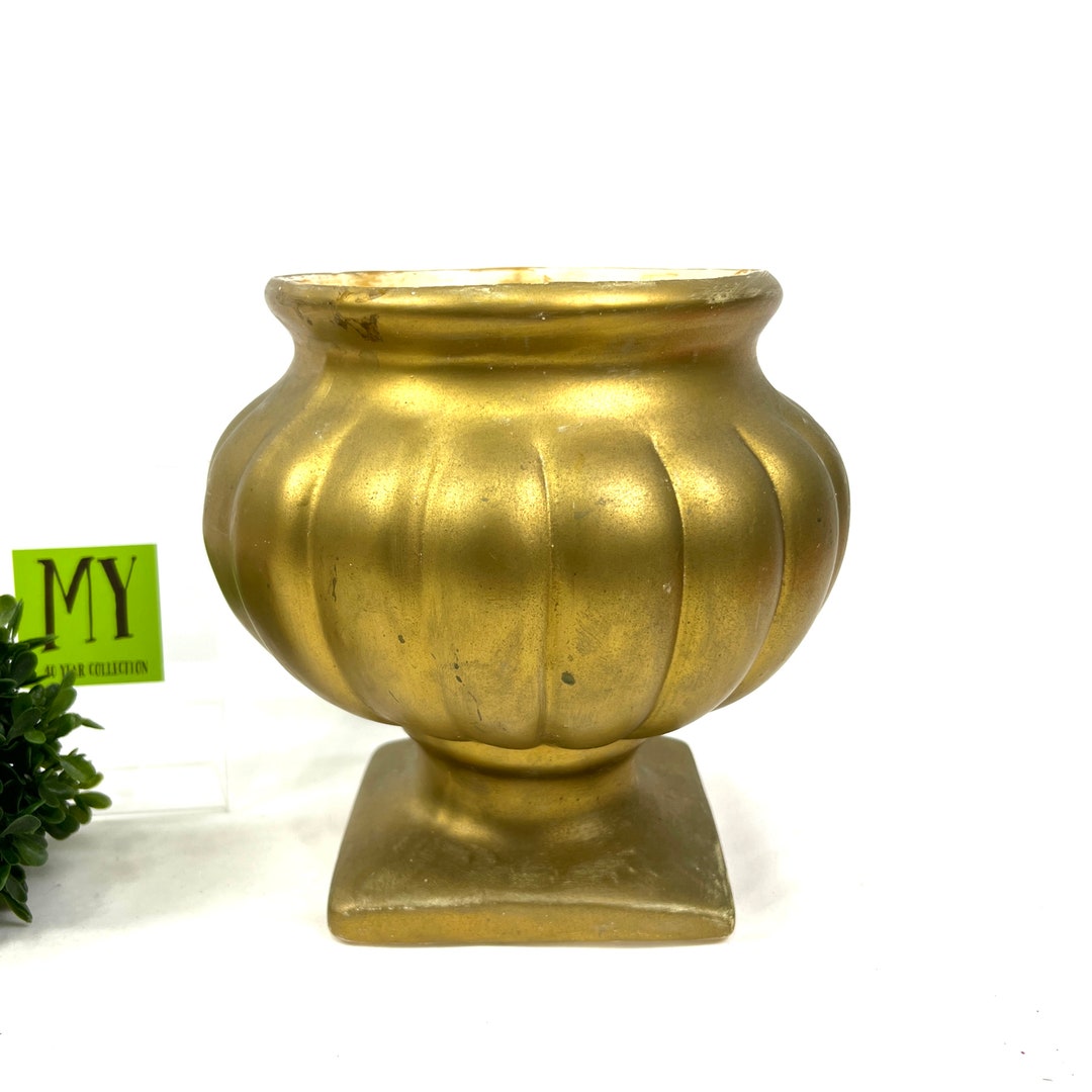Beautiful Vintage Pottery Gold Square Base Footed Jardiniere With