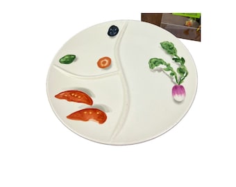 Assiette divisée vintage en grès peint à la main : motif végétal