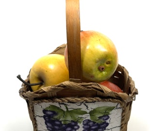 Vintage Wicker Basket with Faux Apples: Hand-Painted Grapes Centerpiece
