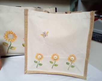 Sunflowers bees buttons stencilled jute shopping bag