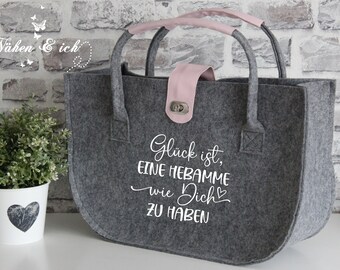 Large felt bag shopper with imitation leather Happiness is to have a midwife like you personalized individual gift idea