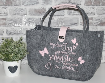 Large felt bag shopper with imitation leather saying Give every day the chance