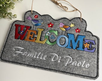 Door sign front door name plate family personalized felt embroidered gift