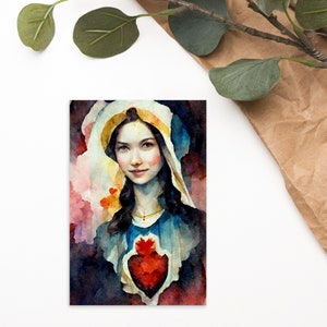 Sainte Marguerite-Marie et le Sacré-Cœur - Carte postale - Une aquarelle créée numériquement, cadeau parfait pour vos amis catholiques