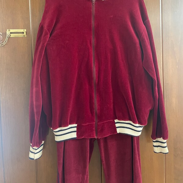 SET 70s Vintage Deep Red Velour Tracksuit Size XL