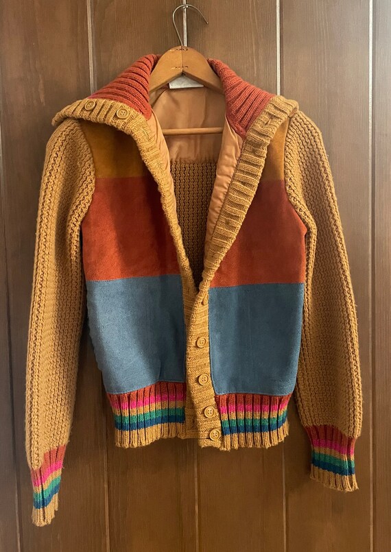 1970s Vintage Suede Knit Orange, Blue, Rainbow Sw… - image 2