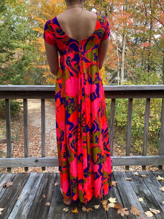 60s Mod Hawaiian Neon Barkcloth Maxi Dress with Sc