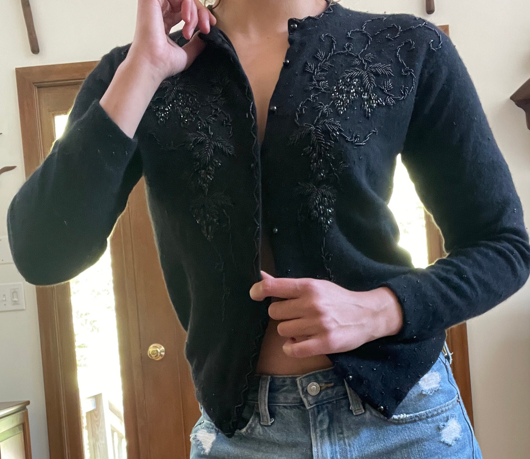 Vintage Black Cashmere Hand Beaded Cardigan M - Etsy