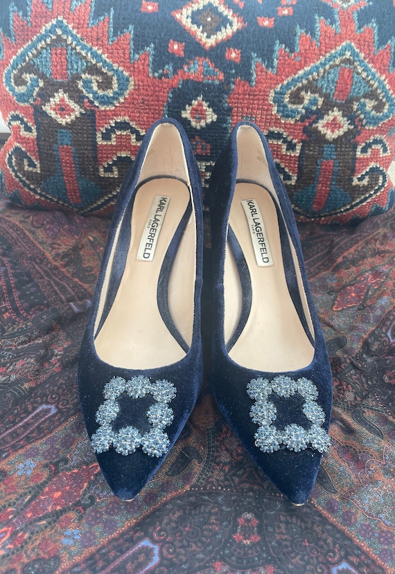 Vintage Karl Lagerfeld Velvet Navy Buckle Pumps 8/