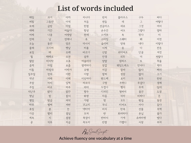 Puede incluir: Un gr&aacute;fico con una lista de palabras coreanas y sus traducciones al ingl&eacute;s. Las palabras est&aacute;n organizadas en columnas e incluyen palabras comunes para la vida diaria, el tiempo y la ropa.