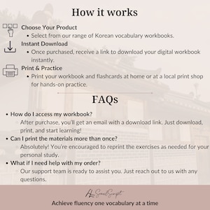 Puede incluir: Una ilustraci&oacute;n digital de un libro de trabajo de vocabulario coreano con una descripci&oacute;n de c&oacute;mo acceder e imprimir el libro de trabajo. La imagen incluye una superposici&oacute;n de texto con el t&iacute;tulo "C&oacute;mo funciona" y "Preguntas frecuentes".
