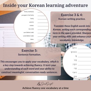 Puede incluir: Una hoja de trabajo con fondo rosa y el texto "Inside your Korean learning adventure" en la parte superior. La hoja de trabajo incluye ejercicios para aprender vocabulario coreano y practicar la escritura. Los ejercicios incluyen escribir las palabras coreanas para los miembros de la familia, traducir palabras inglesas al coreano y formar oraciones.