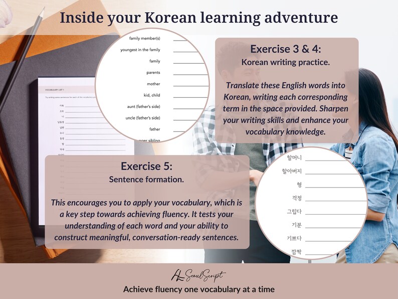 Puede incluir: Una hoja de trabajo con fondo rosa y el texto "Inside your Korean learning adventure" en la parte superior. La hoja de trabajo incluye ejercicios para aprender vocabulario coreano y practicar la escritura. Los ejercicios incluyen escribir las palabras coreanas para los miembros de la familia, traducir palabras inglesas al coreano y formar oraciones.