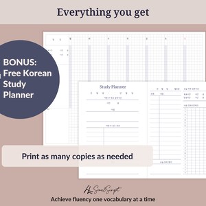 Puede incluir: Un planificador de estudios coreano imprimible con un dise&ntilde;o de cuadr&iacute;cula y secciones para vocabulario, gram&aacute;tica y pr&aacute;ctica. El planificador incluye el texto "Study Planner" y "Seoul Script".