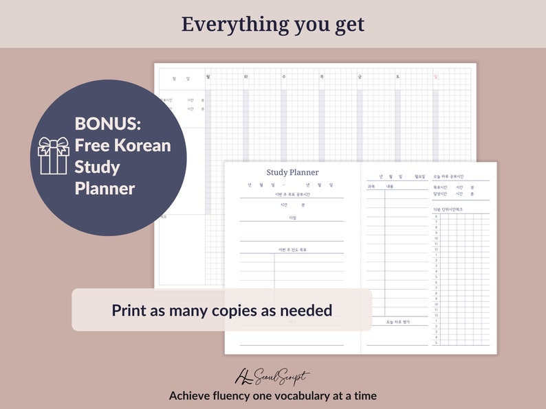 Puede incluir: Un planificador de estudios coreano imprimible con un dise&ntilde;o de cuadr&iacute;cula y secciones para vocabulario, gram&aacute;tica y pr&aacute;ctica. El planificador incluye el texto "Study Planner" y "Seoul Script".