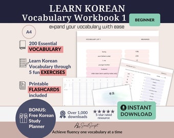 Libro de ejercicios imprimible de vocabulario coreano: 200 palabras esenciales con ejercicios y tarjetas didácticas, formato PDF