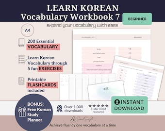 Creador integral de vocabulario coreano: ejercicios y tarjetas didácticas imprimibles para principiantes, PDF digital