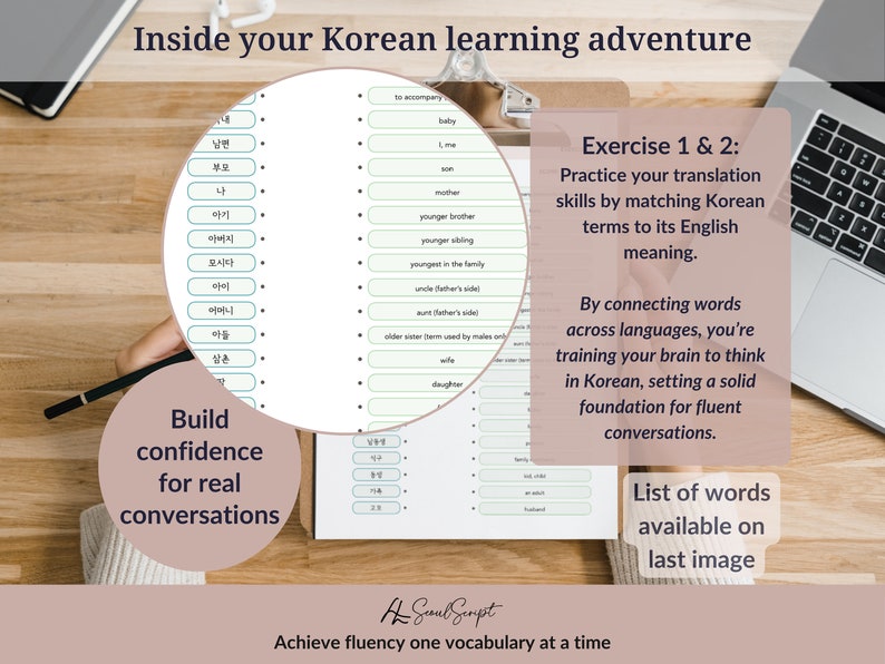 Puede incluir: Una hoja de trabajo con palabras coreanas y sus traducciones al ingl&eacute;s. La hoja de trabajo est&aacute; en un portapapeles con un l&aacute;piz y una computadora port&aacute;til en el fondo. El texto en la hoja de trabajo dice "Ejercicio 1 y 2: Practica tus habilidades de traducci&oacute;n haciendo coincidir los t&eacute;rminos coreanos con su significado en ingl&eacute;s." El texto en la hoja de trabajo tambi&eacute;n dice "Al conectar palabras a trav&eacute;s de los idiomas, est&aacute;s entrenando tu cerebro para pensar en coreano, estableciendo una base s&oacute;lida para conversaciones fluidas."