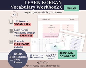 Paquete de estudio coreano: ejercicios de vocabulario y tarjetas didácticas imprimibles, 200 palabras para principiantes, archivos PDF