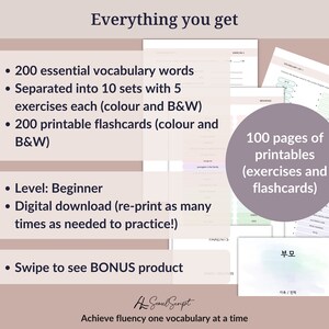 Puede incluir: Una descarga digital de 100 p&aacute;ginas de tarjetas de vocabulario coreano imprimibles y ejercicios para principiantes. El paquete imprimible incluye 200 palabras de vocabulario esenciales separadas en 10 conjuntos con 5 ejercicios cada uno. Las tarjetas y los ejercicios est&aacute;n disponibles en color y en blanco y negro. El texto en la imagen dice "Todo lo que obtienes", "100 p&aacute;ginas de imprimibles (ejercicios y tarjetas)", "부모 (familia/parientes)" y "Logra fluidez un vocabulario a la vez".