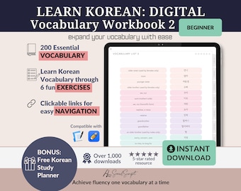 Libro de vocabulario coreano para principiantes: PDF digital para practicar vocabulario, compatible con GoodNotes y Notability