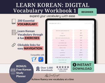 Cuaderno de ejercicios digital de vocabulario coreano para principiantes: aprende con ejercicios interactivos, ideal para Goodnotes y Notability