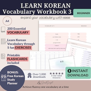 Kit per l'apprendimento della lingua coreana: fogli di lavoro e flashcard stampabili, 200 parole, download immediato