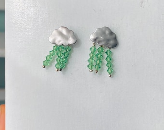 Silver rain cloud rain beaded stud earrings