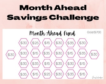 May include: A white savings challenge chart with pink hexagonal boxes, each with a monetary value. The text "Month Ahead Savings Challenge" and "Month Ahead Fund" are at the top. The goal is £700.