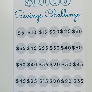 May include: A white savings challenge tracker with the text "$1000 Savings Challenge" in teal. The tracker has multiple octagonal spaces with dollar amounts from $5 to $55. The bottom right corner has the text "JessyCeeEnvelopes".