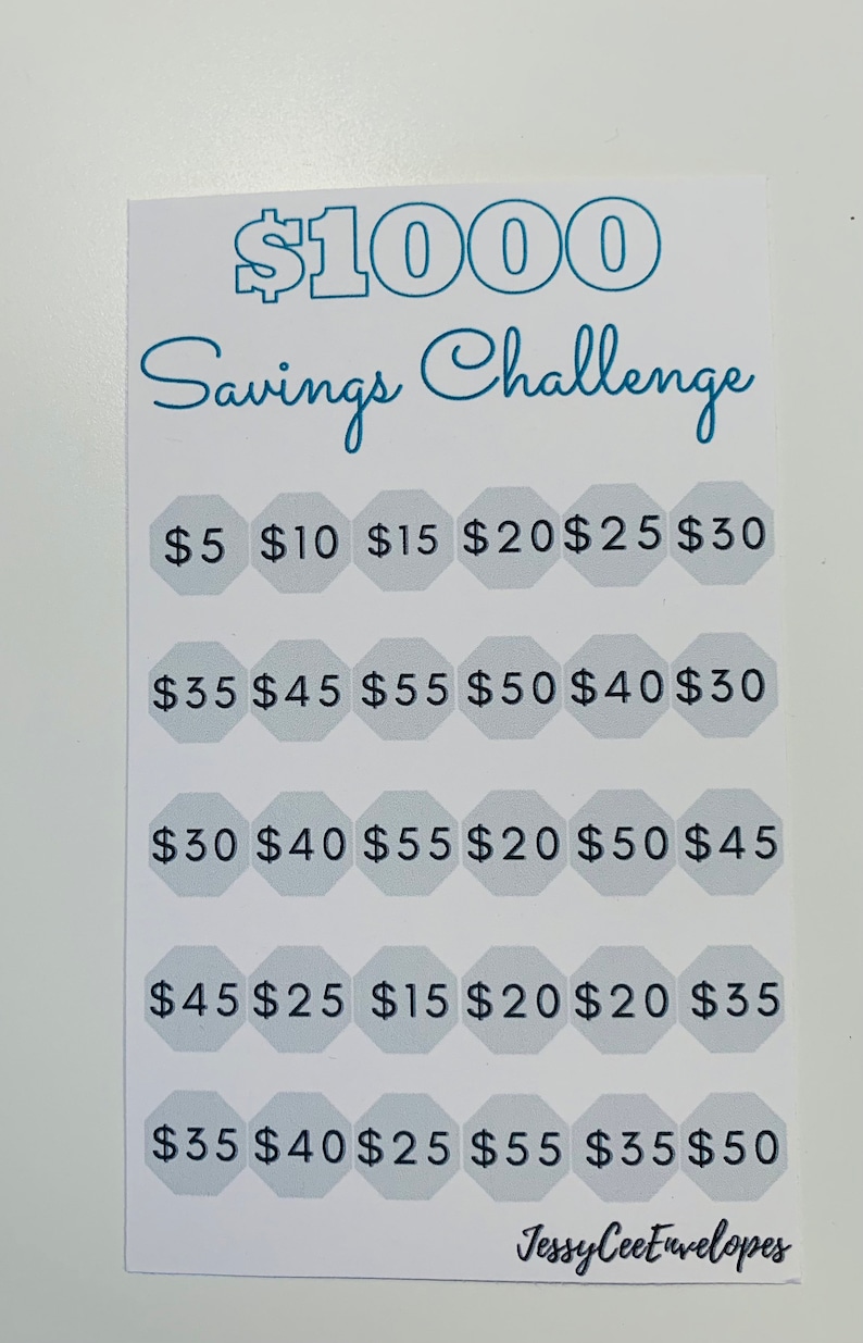 May include: A white savings challenge tracker with the text "$1000 Savings Challenge" in teal. The tracker has multiple octagonal spaces with dollar amounts from $5 to $55. The bottom right corner has the text "JessyCeeEnvelopes".